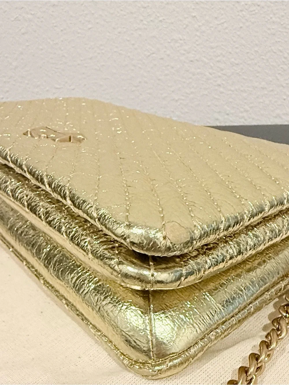 ✨ Tory Burch Kira Metallic Moto Gold Quilted Chain Clutch Wallet Crossbody Bag
